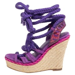 Dior Purple Suede And Python Leather Espadrille Wedge Ankle Wrap Sandals Size 36