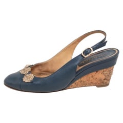 Chanel Marineblaue Leder CC Cap Toe Keil-Slingback-Sandalen Größe 37