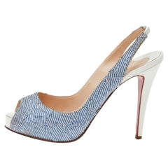 Christian Louboutin Blue Striped Fabric Prive Peep Toe Slingback Sandals Size 38