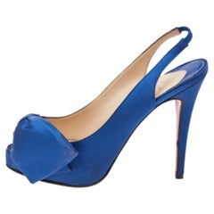 Christian Louboutin Blue Satin Bow Platform Slingback Sandals Size 37.5