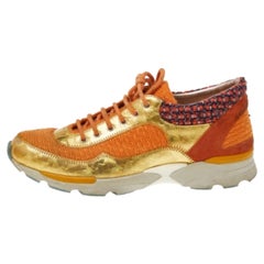 Chanel Orange/Gold Tweed And Suede CC Low Top Sneakers Size 38