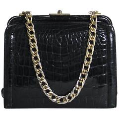 Vintage Black Leather Crocodile Leather Kisslock Evening Flap Shoulder Bag