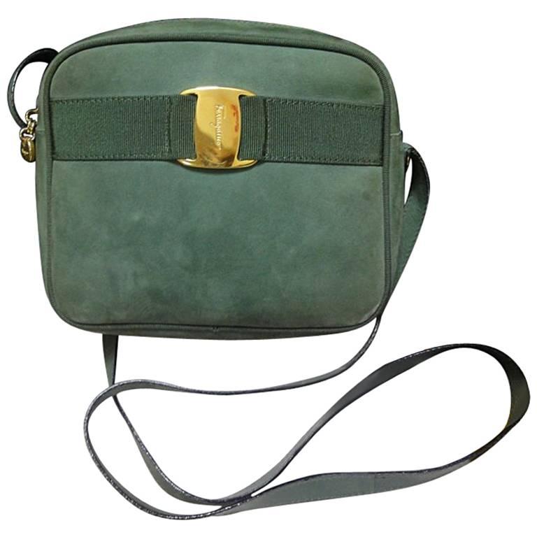 Vintage Salvatore Ferragamo vara collection green suede leather shoulder bag.
