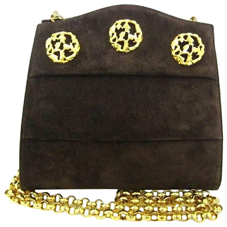 Vintage Salvatore Ferragamo dark brown suede shoulder bag, clutch, gold motifs.
