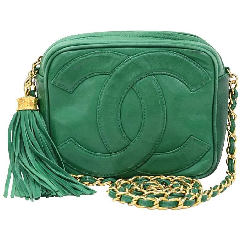 Vintage Chanel Green Leather Fringe Shoulder Small Bag at 1stDibs