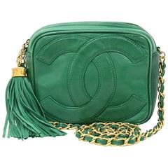 Vintage Chanel Green Leather Fringe Shoulder Small Bag