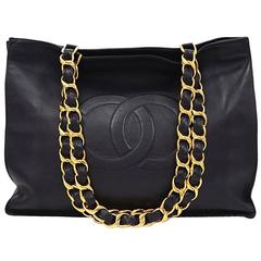 Chanel Jumbo XL Navy Leather Shoulder Shopping Tote Bag