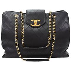 Vintage Chanel XL Supermodel Black Quilted Leather Shoulder Tote Bag