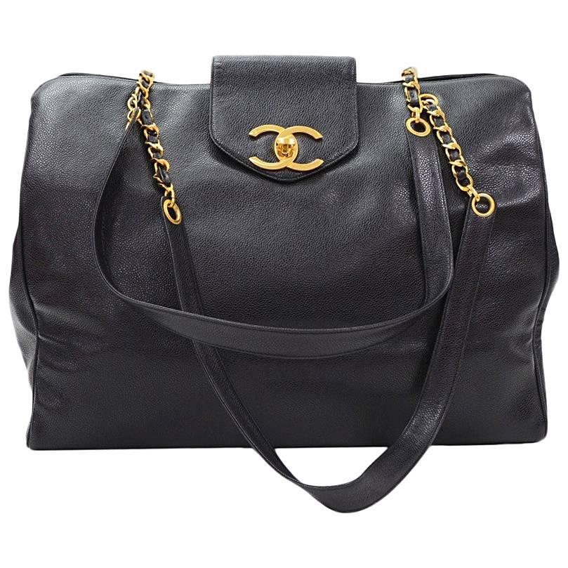 Chanel XL Supermodel Black Caviar Leather Shoulder Tote Bag