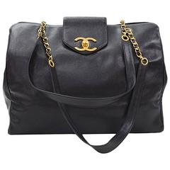 Chanel XL Supermodel Black Caviar Leather Shoulder Tote Bag