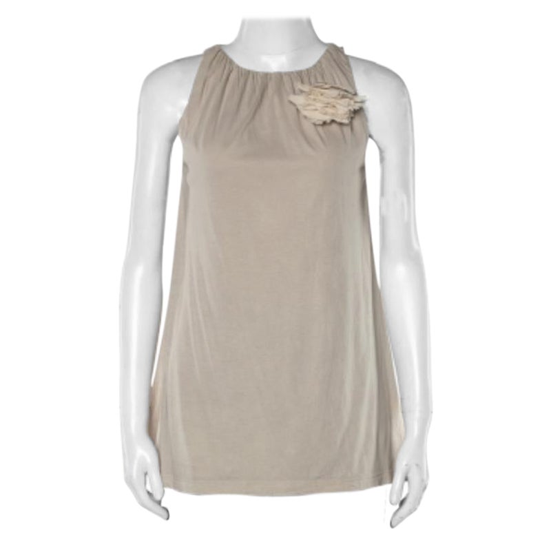 Brunello Cucinelli Tunica senza maniche in maglia di cotone beige con dettagli applicati M. I.