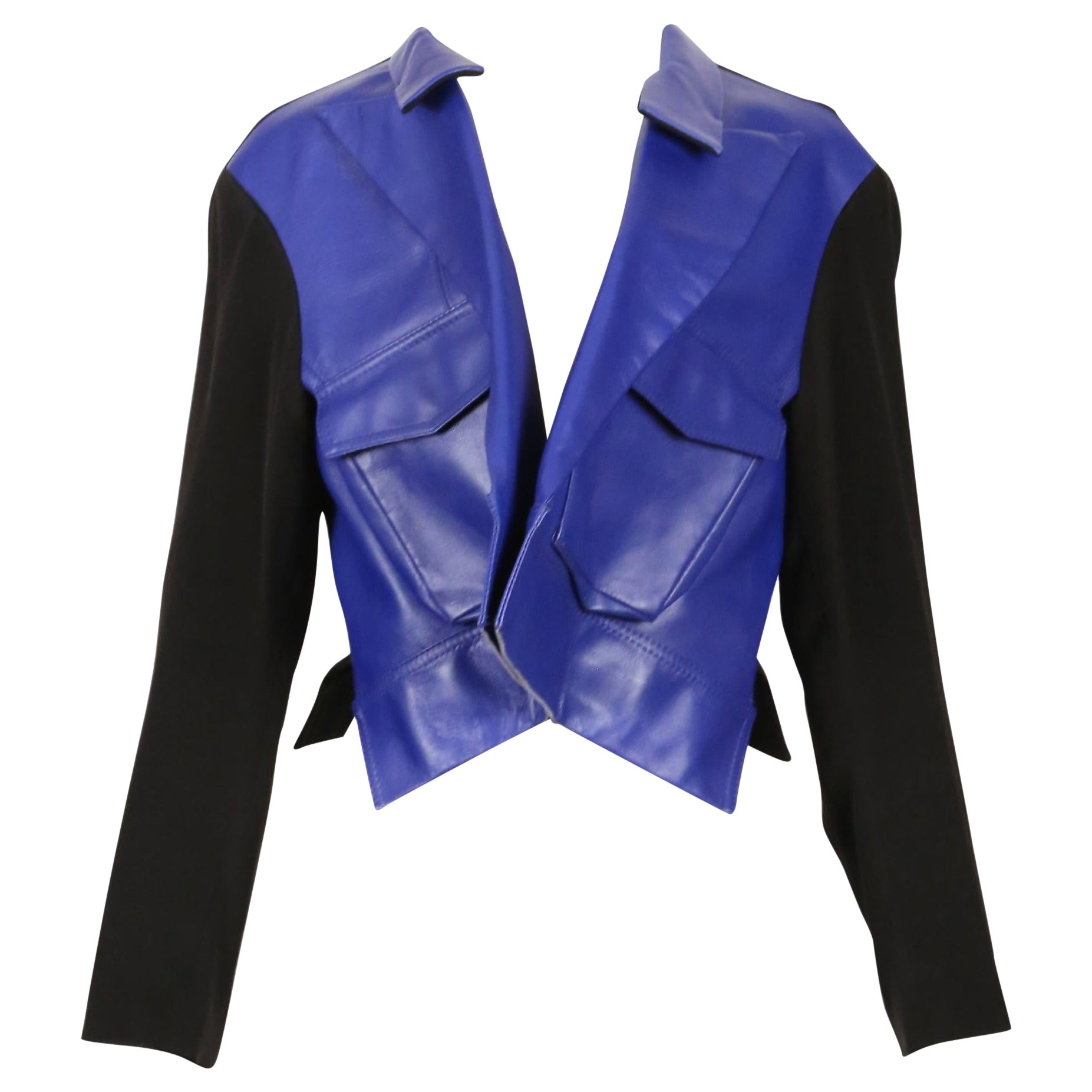 Neu 2007 YOHJI YAMAMOTO blaue Lederjacke RUNWAY mit zwanghafter Vorderseite mit Etiketten im Angebot