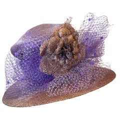Custom Made Lavender Straw Wide Brimmed High-Crown Hat w Wide Band & Tulle
