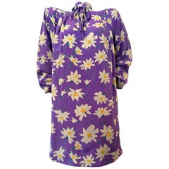 1980s Emmanuel Ungaro Lavender Daisy Print Silk Crepe Tunic Dress w Tie Neck