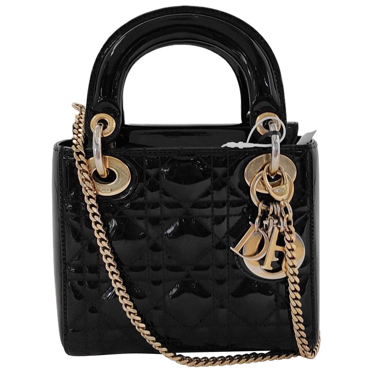 Lady Dior Mini Borsa in vernice nera con tracolla a catena in oro