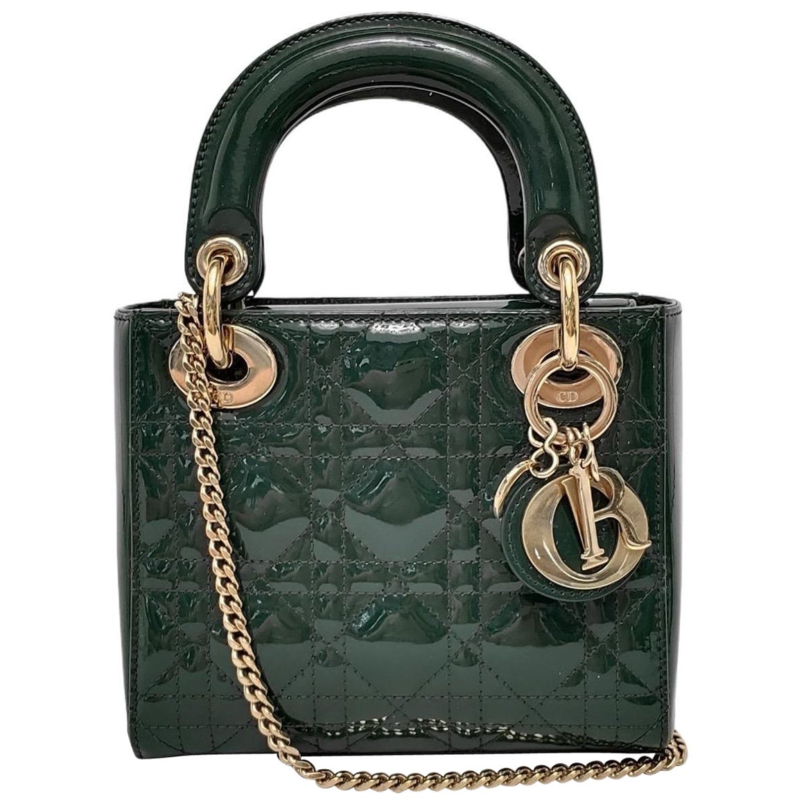 Lady Dior Mini Dark Green Patent Leather Bag with gold hardware Chain Strap