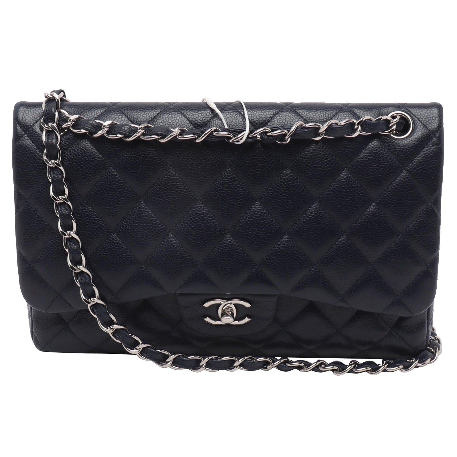 Chanel Classic Leather Jumbo Caviar Azul Marino Medianoche Doble Solapa Plata Hardwa