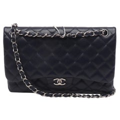 Chanel Classic Flap Jumbo Midnight Navy Caviar Leather Double Flap Silver Hardwa