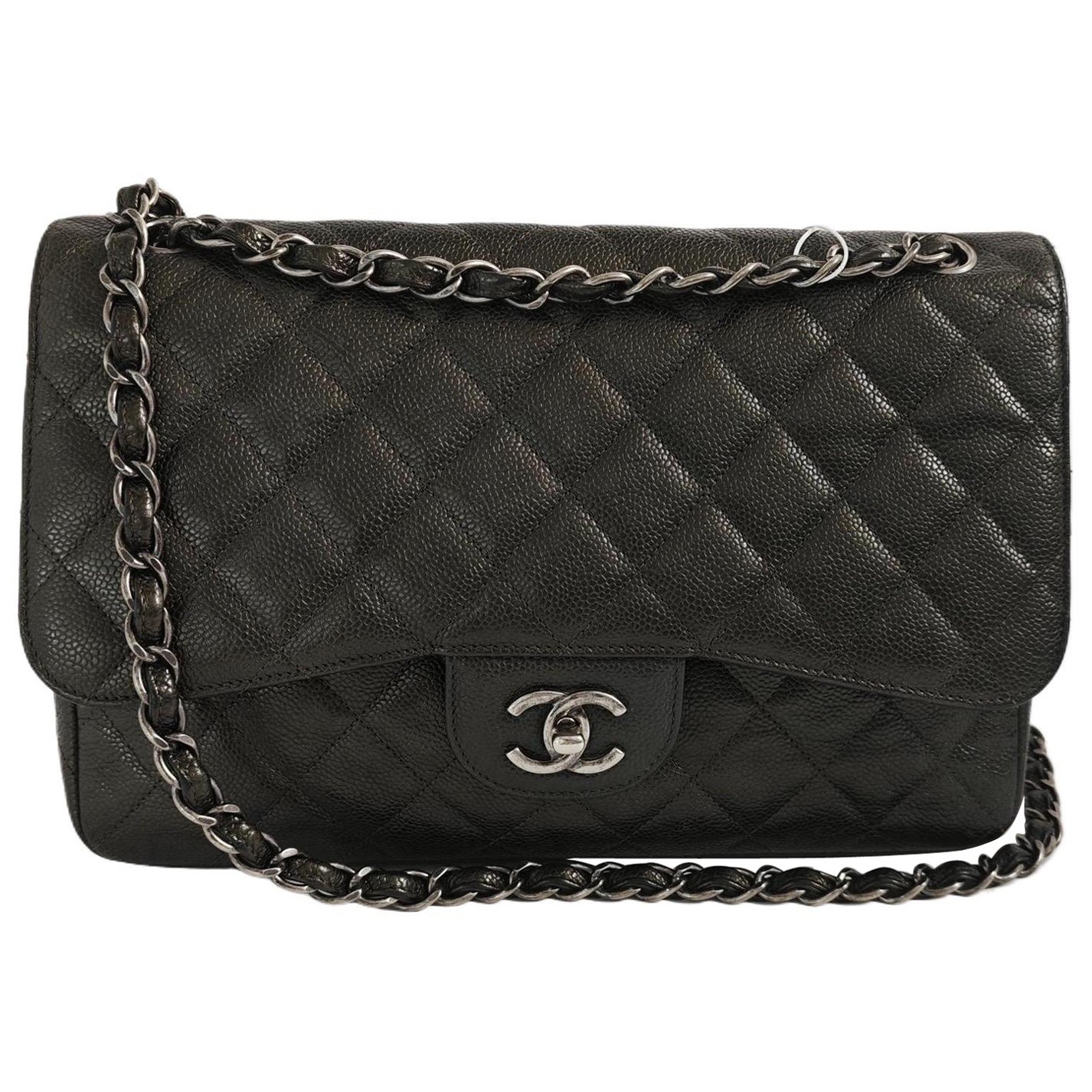 Chanel Classic Flap Jumbo Dunkelgrünes Kaviarleder Doppelte Klappe Silberne Hardwa
