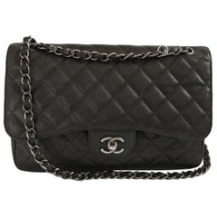 Chanel Classic Flap Jumbo Dark Green Caviar Leather Double Flap Silver Hardwa