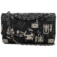 Chanel Satin Airline Printed Medium Double Flap Bag Black and White