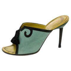 Miu Miu Green/Black Leather Tassel Peep Toe Slide Sandals Size 38.5