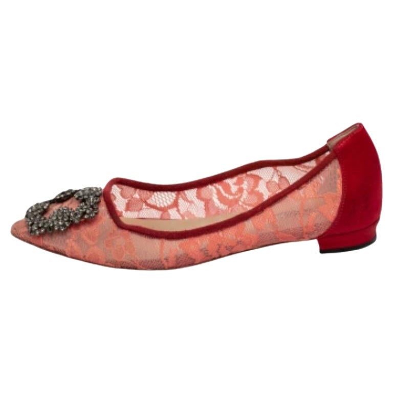 Manolo Blahnik Bailarinas rojas de encaje y satén Hangisi Talla 36