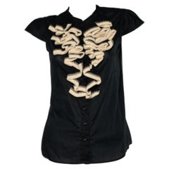 Yves Saint Laurent Black Cotton Crochet Ruffled Button Front Top M
