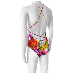 Gianni Versace Vintage S/2002 Runway Pop Art Floral Backless Swimsuit Bodysuit