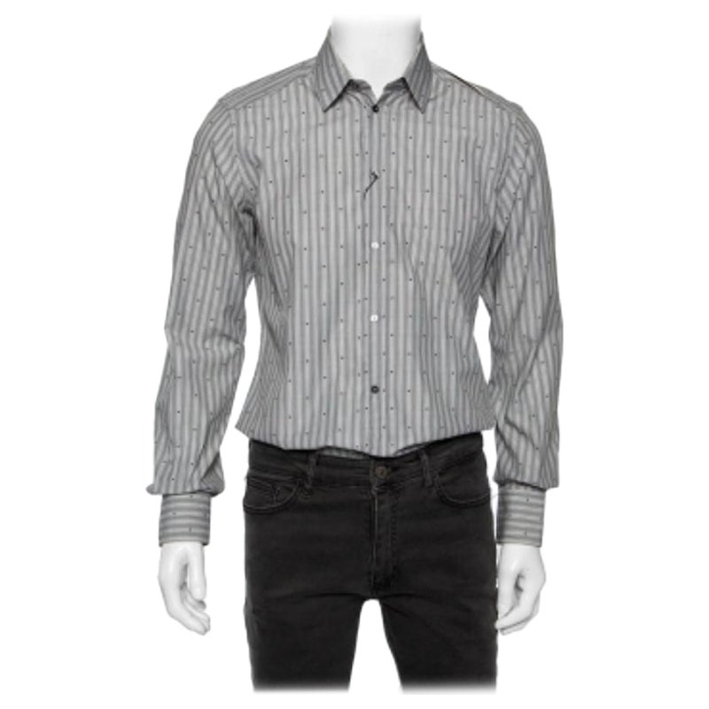 Dolce & Gabbana Grau gestreiftes, besticktes, goldfarbenes, besticktes Hemd aus Baumwolle, M