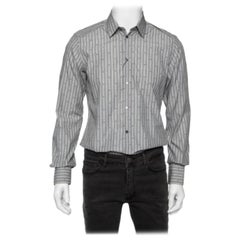 Dolce & Gabbana Grey Striped Cotton Embroidered Detail Gold Fit Shirt M