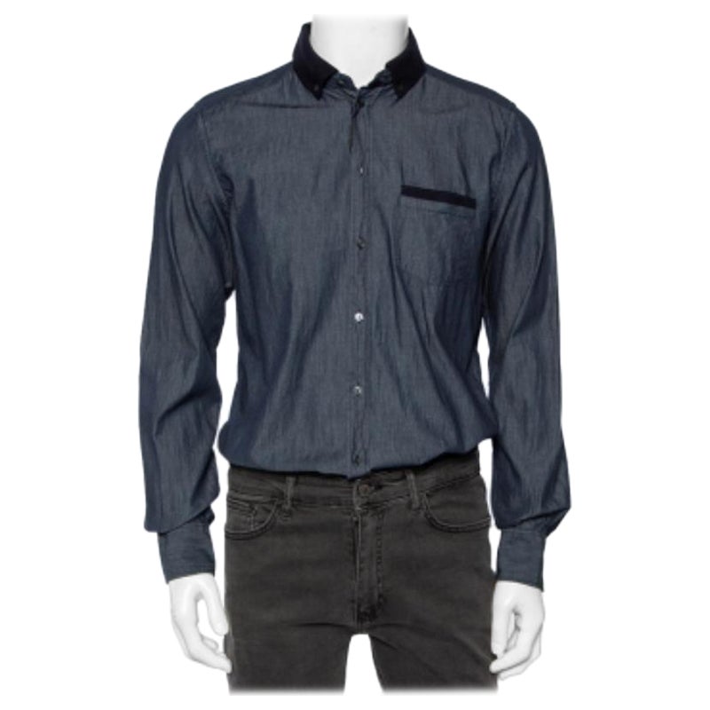Dolce & Gabbana - Camicia in cotone Chambray con colletto e etichetta dorata L