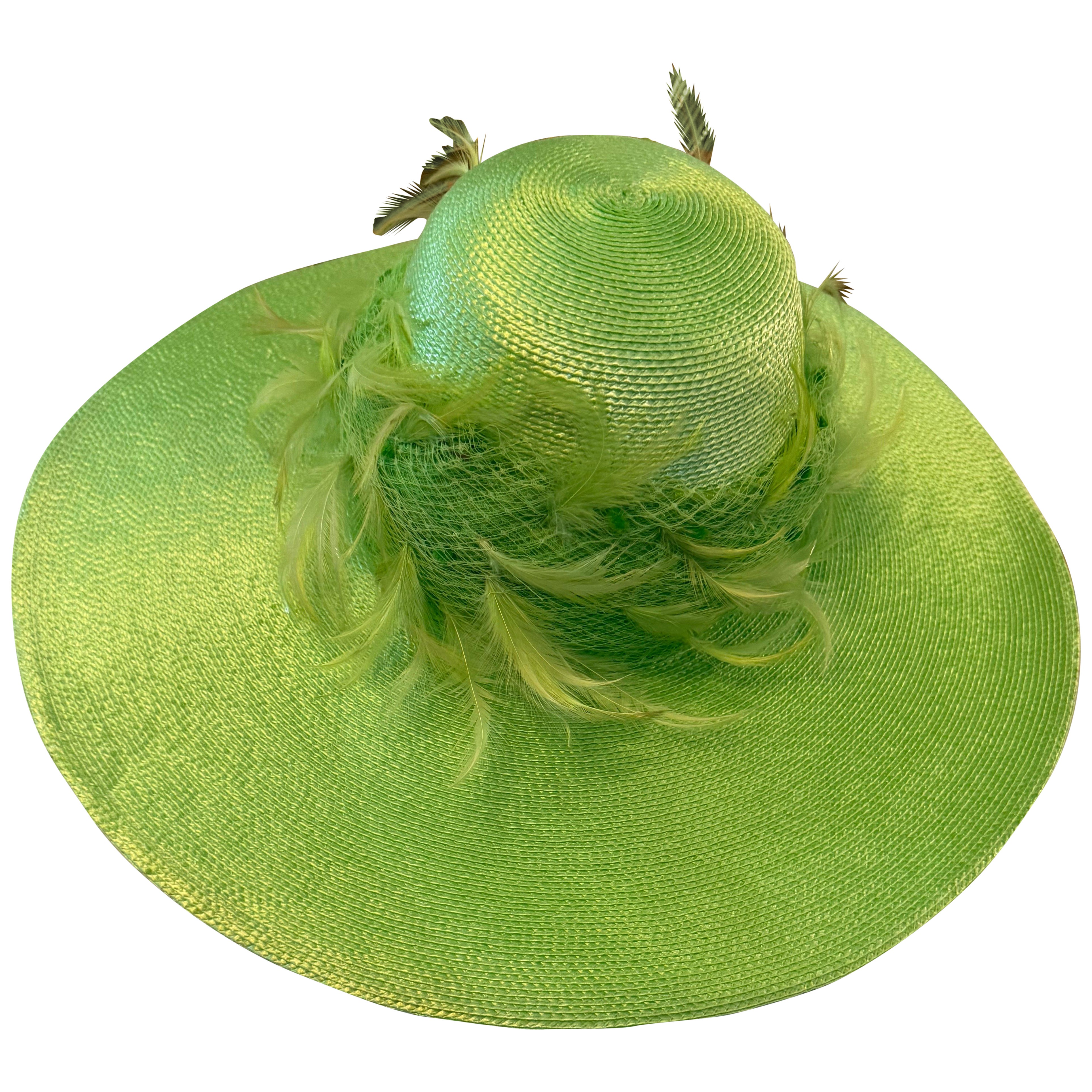 Custom-Made Neon Green Straw Wide-Brim Hat Tall Crown w Netting & Feathers