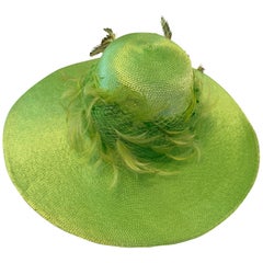 Custom-Made Neon Green Straw Wide-Brim Hat Tall Crown w Netting & Feathers