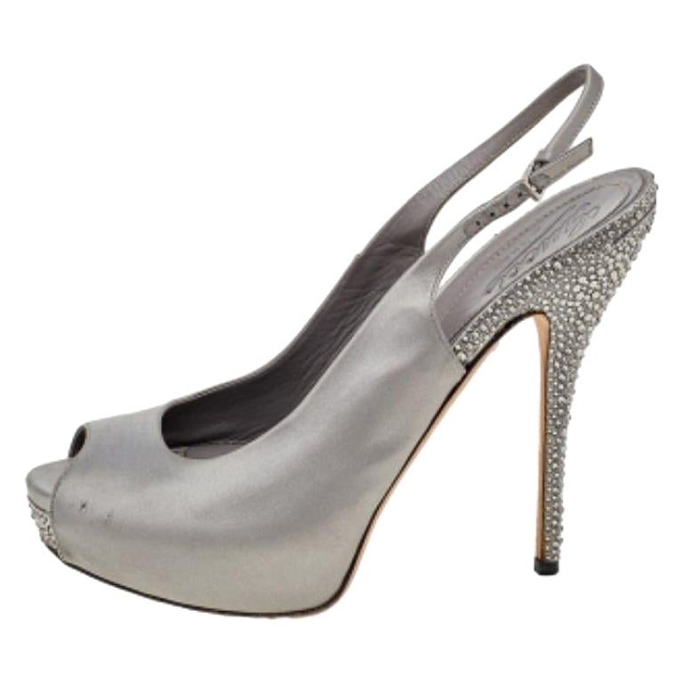 Gucci Grey Satin Peep Toe Platform Crystal Embellished Slingback Sandals Size 39