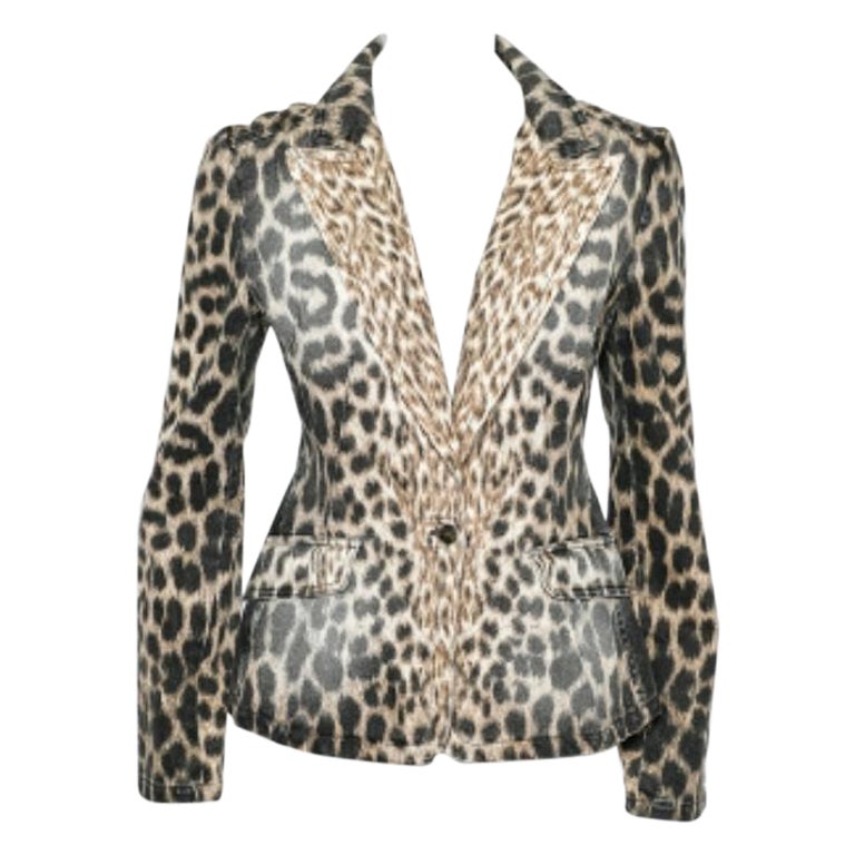 Blazer en denim à boutons sur le devant, imprimé d'animaux, de couleur Brown, Just Cavalli S