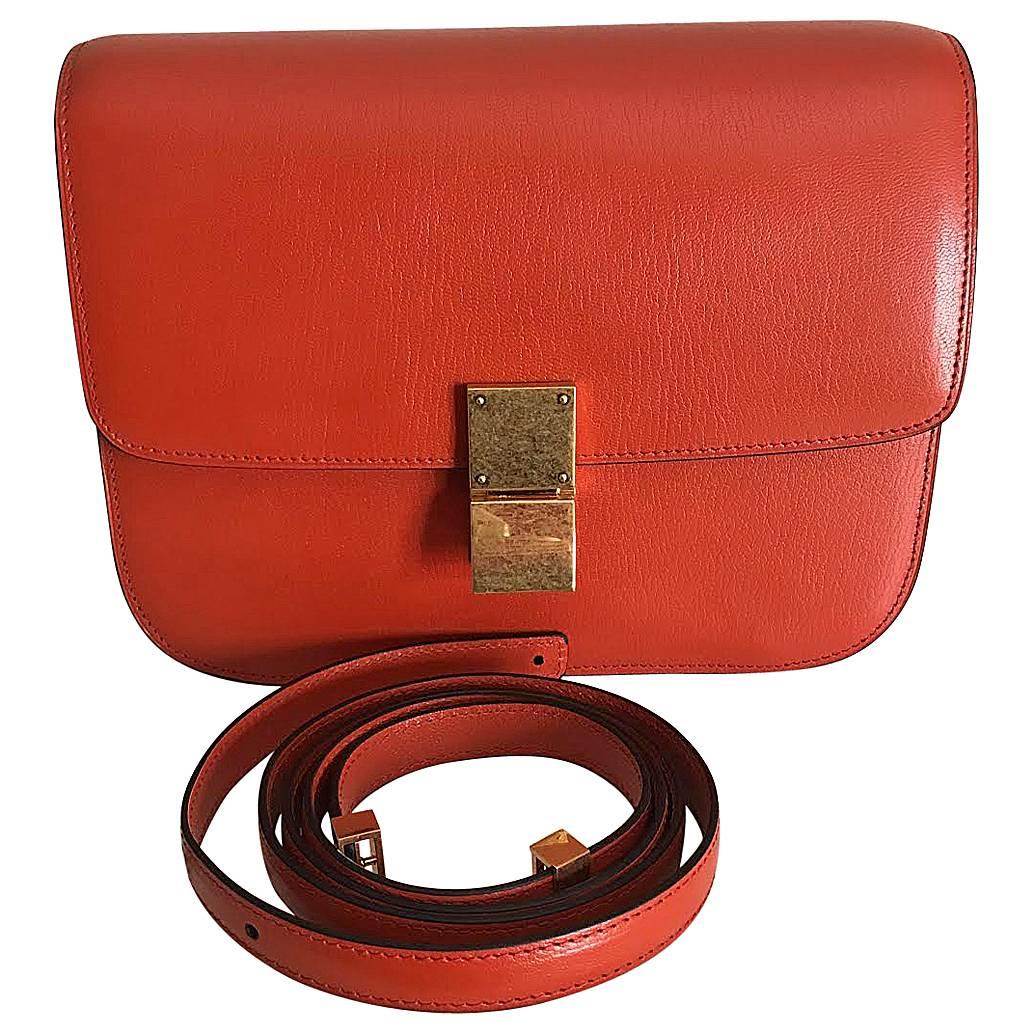 celine medium classic box shoulder bag orange leather For Sale