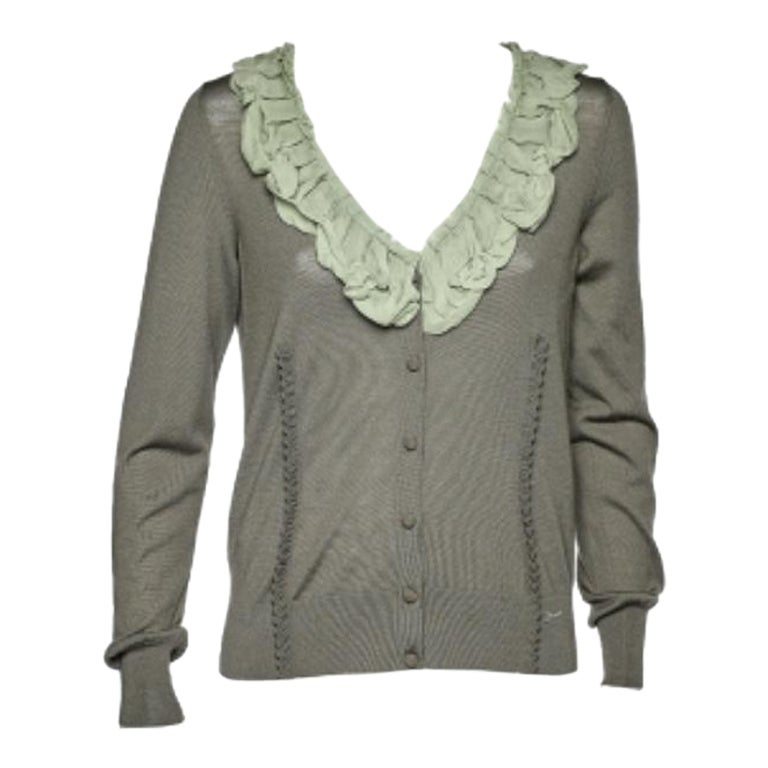 Fendi Grüner Cardigan mit Rüschenausschnitt aus Wolle und Seide L