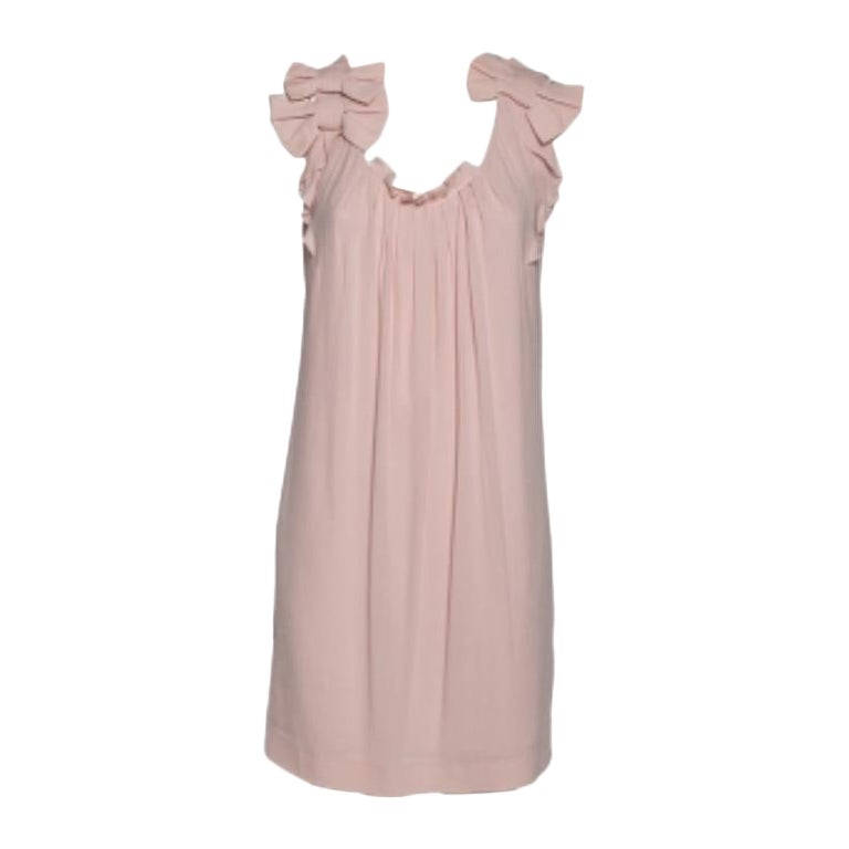 Valentino Pink Chiffon Bow Applique Pleated Yolk Detailed Shift Dress M