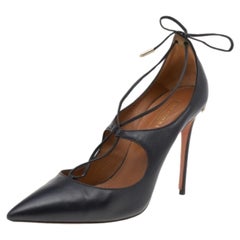 Aquazzura Black Leather Christy Lace Ankle Wrap Pumps Size 38.5