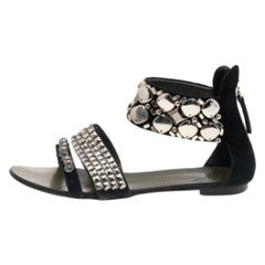 Giuseppe Zanotti Black Suede Studded Ankle Cuff Flat Sandals Size 36