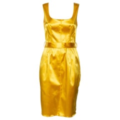 Dolce & Gabbana Yellow Satin Sleeveless Belted Dress S