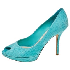 Dior Aqua Blue Python Embossed Miss Dior Suede Peep Toe Platform Pumps Size 40