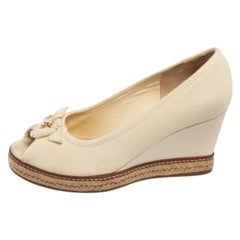 Tory Burch White Canvas Jackie Wedge Pumps Size 38.5