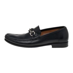 Used Salvatore Ferragamo Black Leather Gancio Slip On Loafers Size 43.5