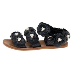 Chanel Black Leather Camellia Flower Pearl Embellished Flat Sandals Size 37.5