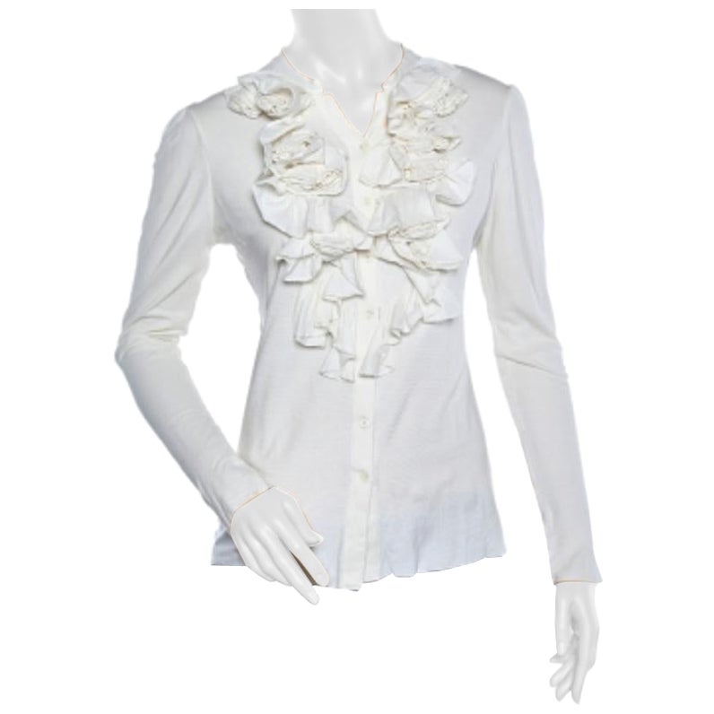 Ralph Lauren Top Blanco de Punto con Cuello Volante y Botones Delantero L