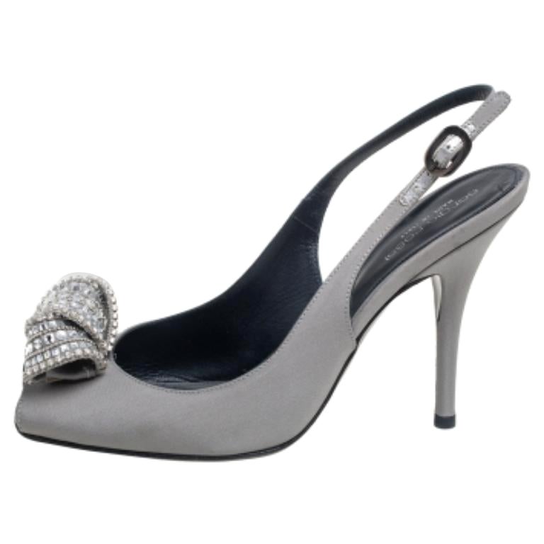 Sergio Rossi Satin Crystal Embellished Knot Peep Toe Slingback Sandals Size 39.5