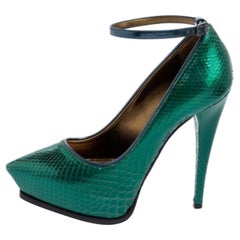 Lanvin Green/Blue Snakeskin Leather Pointed-Toe Ankle-Strap Pumps Size 38