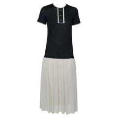 CH Carolina Herrera Vestido Midi Negro y Beige de Algodón y Seda con Detalle de Plisse XS